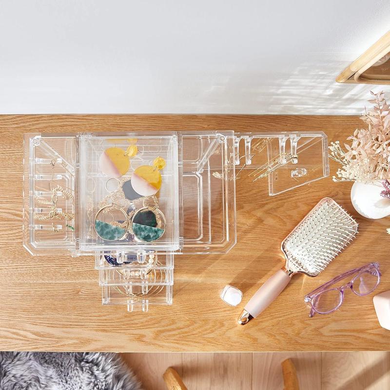 Jewellery Stand, Acrylic Cosmetic & Jewellery Storage with 6 Drawers, 9 Necklace Hooks & 2 Side Compartments, Tabletop Plastic Jewellery Organiser for Rings, Earrings, Necklaces & Bracelet Boxes 2