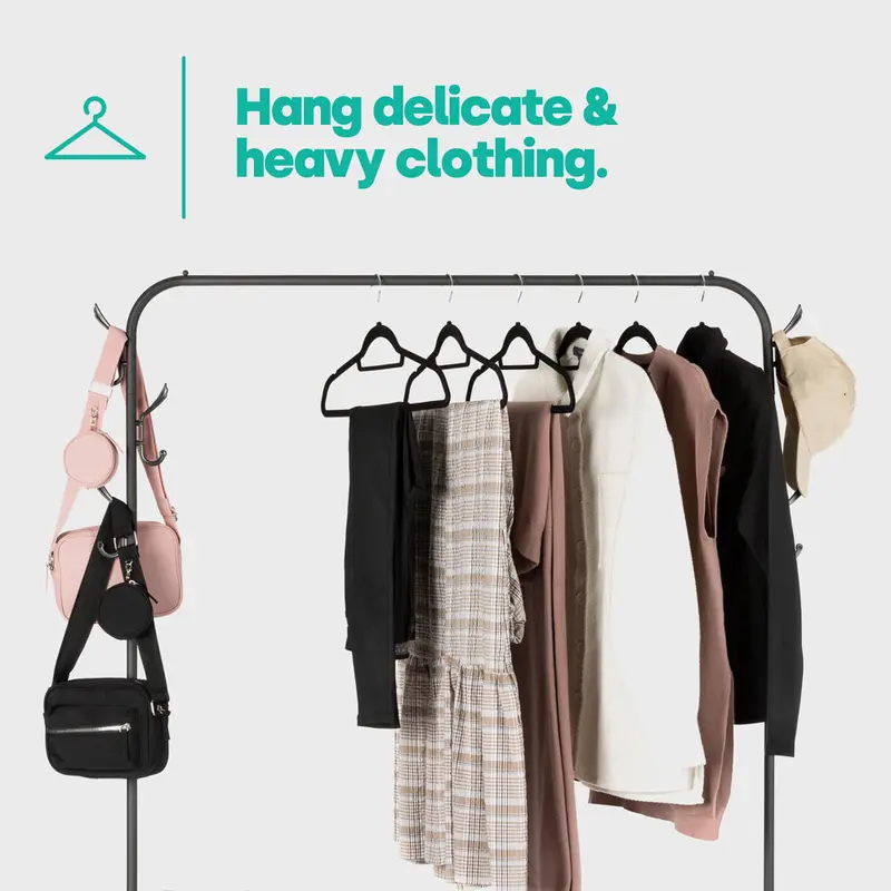 Clothes Storage Rail with Hooks & Shoe Rack - Black 4