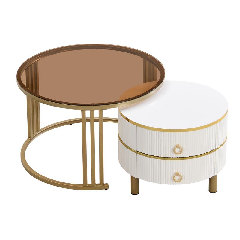 2024 High Quanlity 2-in-1 round MDF coffee table with 1 high-gloss table top and 1 side table with brown tempered glass tabletop, living room coffee table set with 2 drawers, 70*70*45 + 50*50*40 cm  Modern Furniture Coffee Table for Living Room 6