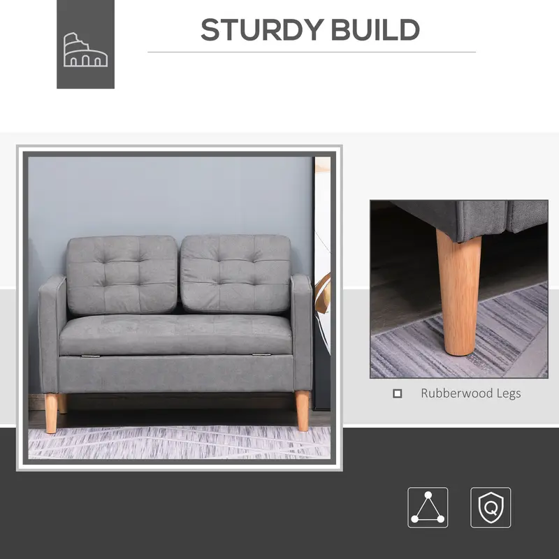 HOMCOM Modern 2 Seater Sofa with Hidden Storage, 117cm Tufted Cotton Couch, Compact Loveseat Sofa with Wood Legs, Grey 3
