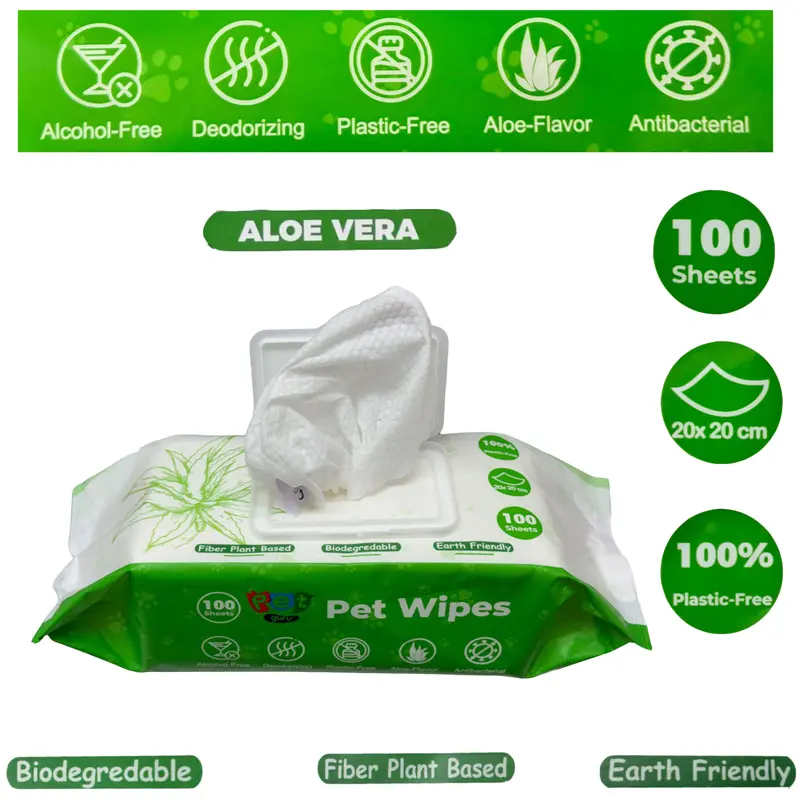 Pet Guru Dogs & Cats 100% Plastic Free Biodegradable Multi-Purpose Cleaning Pet Wipes Fiber Plant Based Alcohol Free Pet Dog Wipes 3
