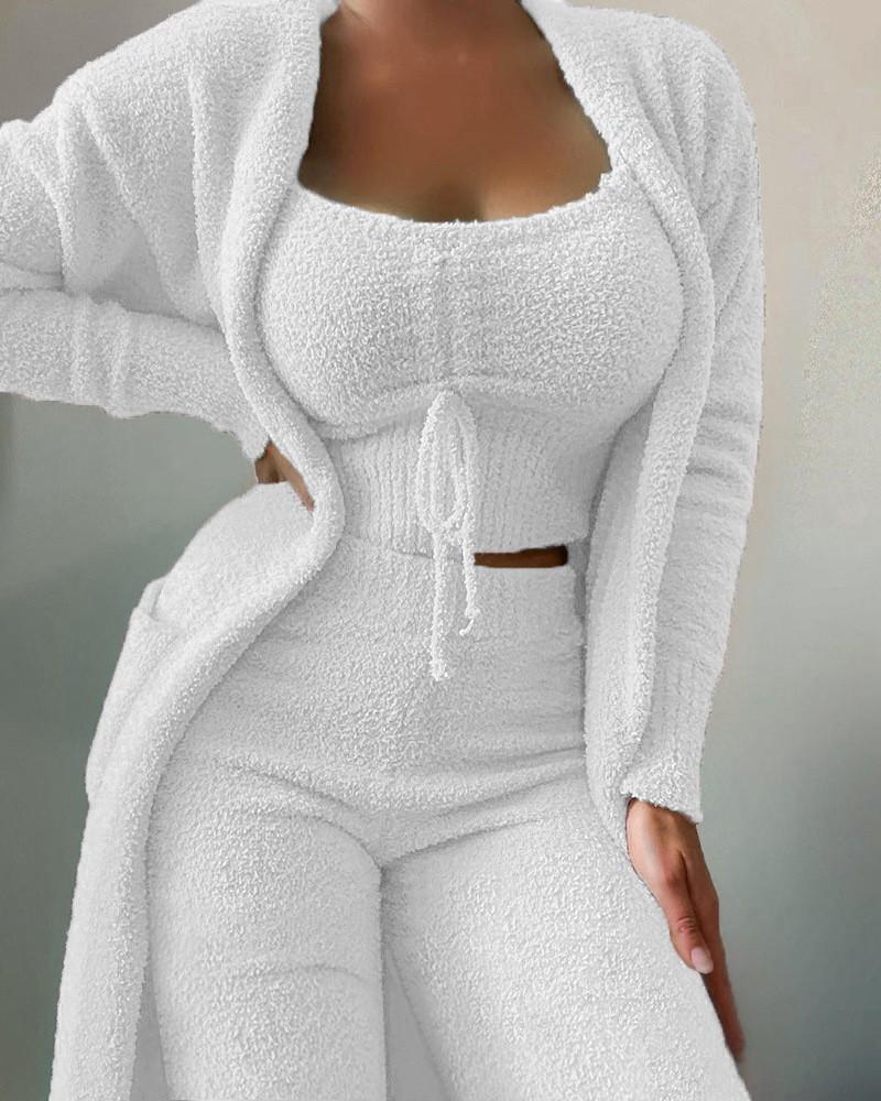 Product Introduction of 2025 Fashionable Women's Plush Three-Piece Lace-up Pajama Set Casual Suit Home Clothing 9