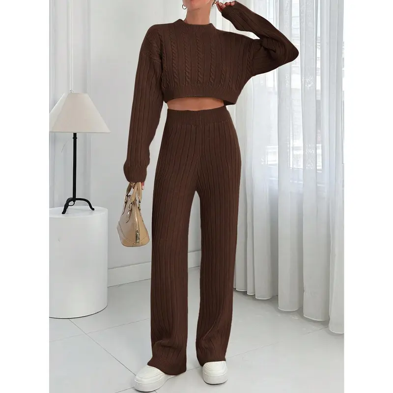 2pcs Women Solid Color Stand Collar Long Sleeve Sweater Top And Long Pants Casual Knitwear Set Clothing Fit Womenswear Suits Fabric Comfort Basic Minimalist 3
