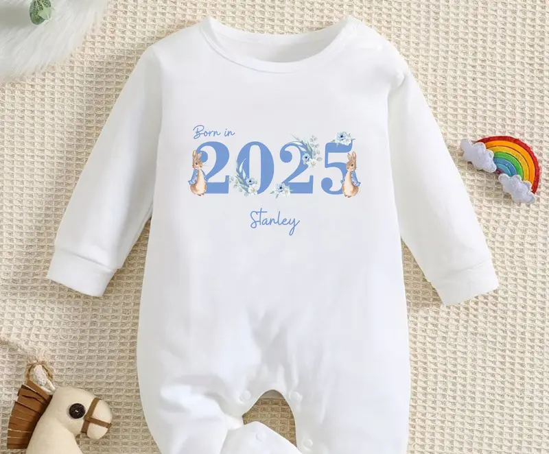 Personalised Peter Rabbit Born in 2025 Baby Outfit, Coming Home - New baby arrival Vest, Rompersuit 0