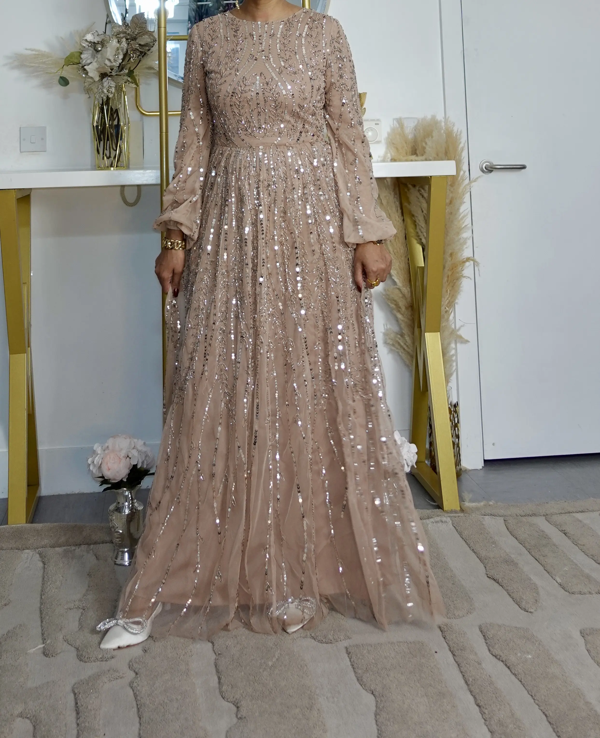 Kashf Embellished Sequin Dress Taupe Blush flows Occasional Evening Wear