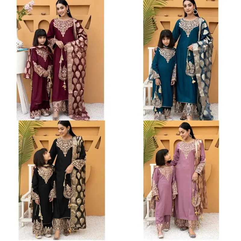 MOTHER/DAUGHTER - Embroidered linen kameez with Banarsi dupatta and embroidered plazo - Womenswear