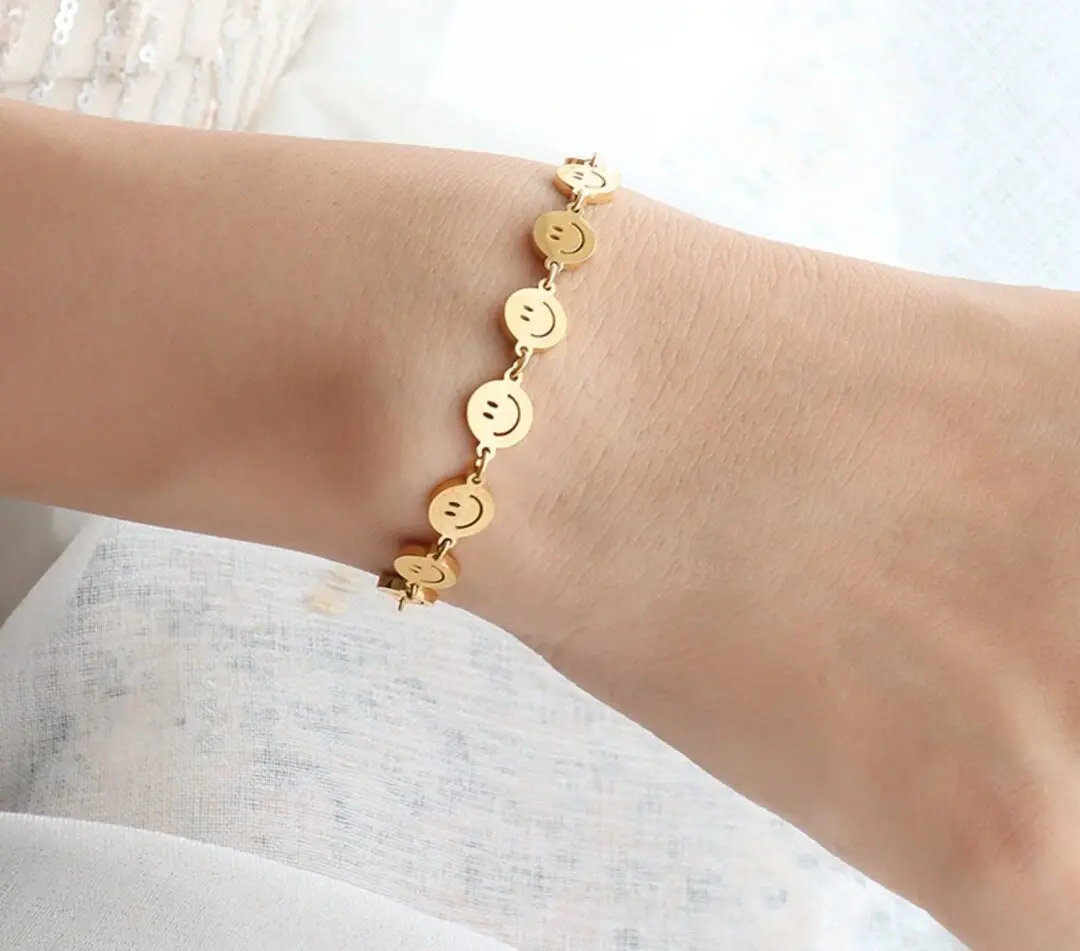 Smiley Face Stacking Bracelets, Silver Smiley Face Bracelet, 18k Gold Plated or Original Color Bracelets, No-Fading, Waterproof, Gift for her