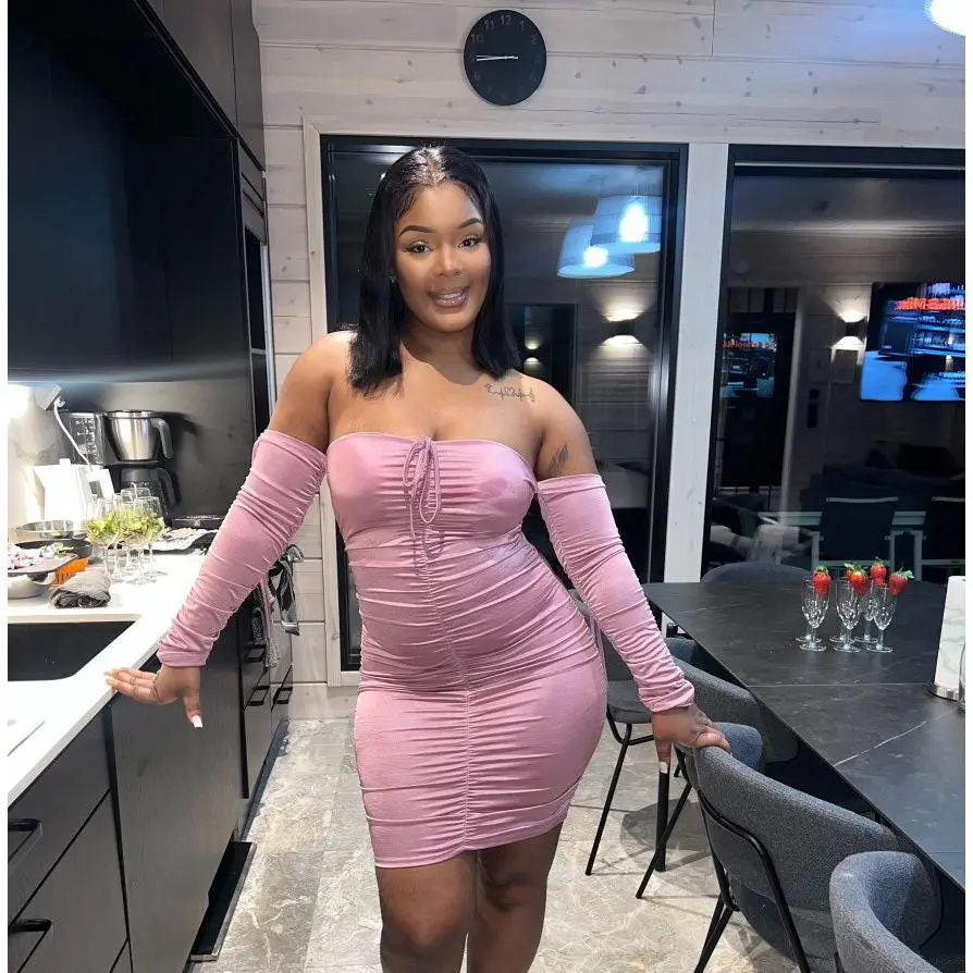 Dress In A Satin Ruched Bodycon Style-Pink & Black
