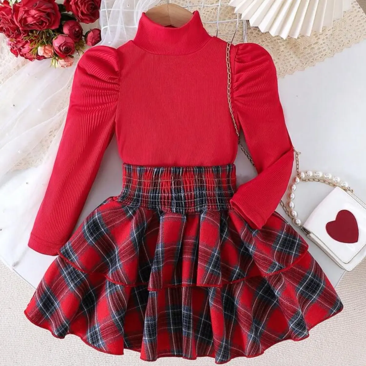 2pcs Young Girl' Minimalist School Style Ribbed Turtleneck Sweater Top And Plaid Flare Skirt Set, Autumn/Winter Lightweight Long Sleeve Comfort Suits