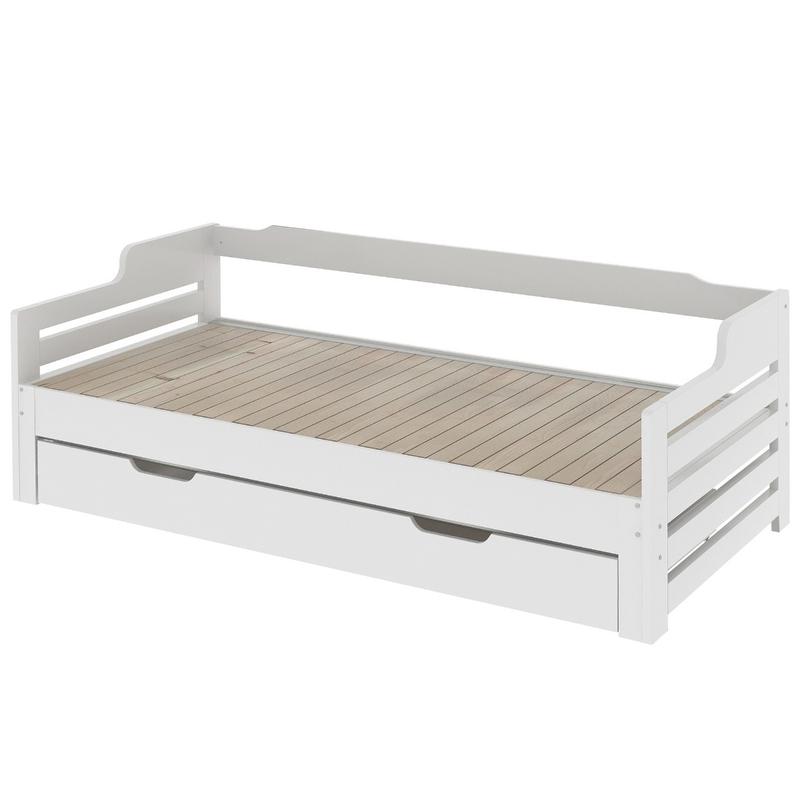 Single Bed Turns Into Double, Pull Out Sofa Bed Double with Trundle and Storage Drawer, Cabin Daybed for Living Room and Bedroom, 90 X190 CM - White (No Mattress) 2
