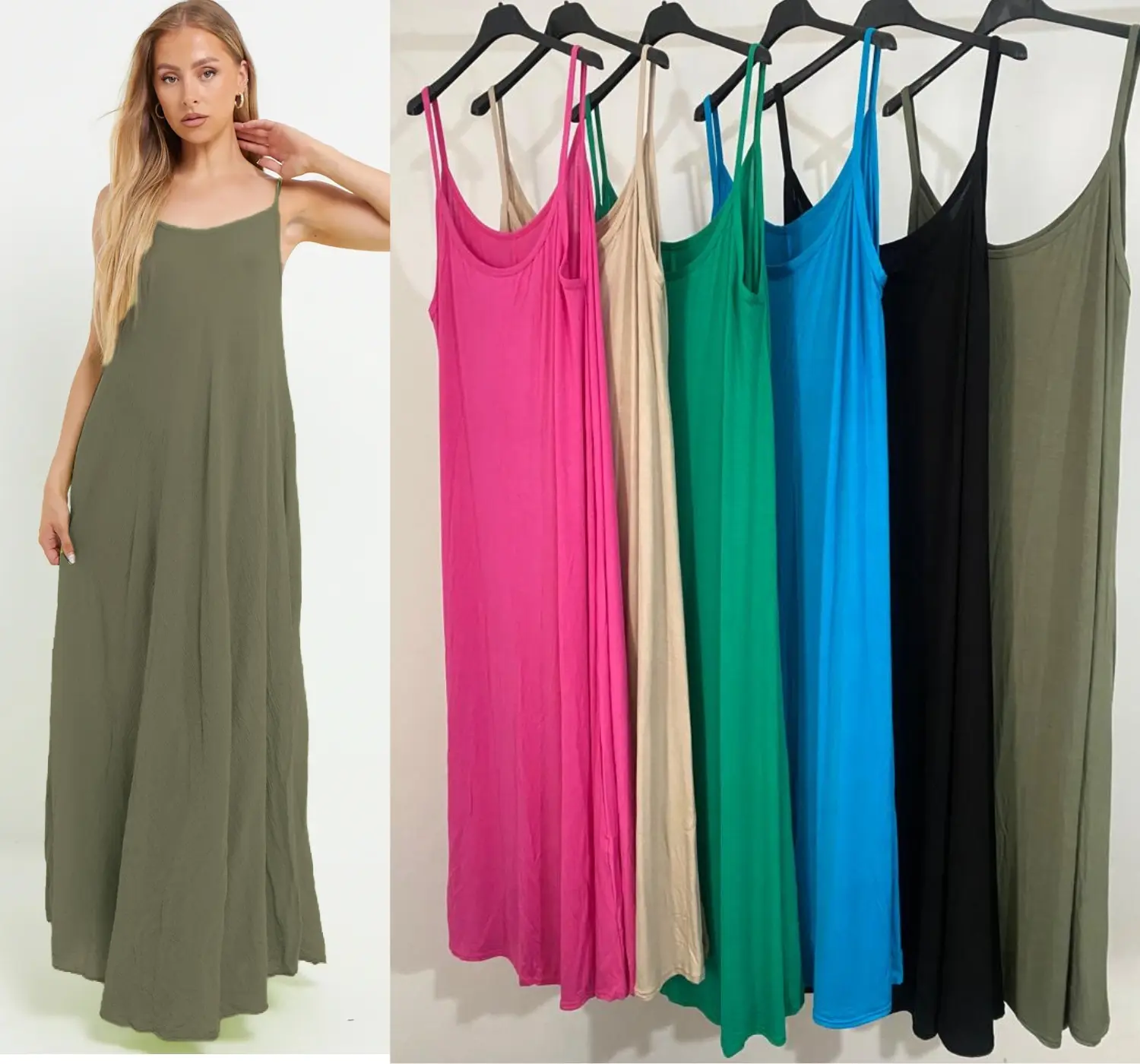 Womens Cami Spaghetti Straps Plain Low Neckline Lagenlook Style Hanky Romper Baggy Harem Summer Holiday Casual Maxi Dress Sleeveless Casual Wear Womenswear Viscose
