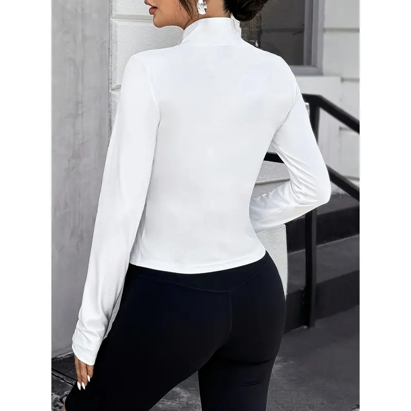 Women's Polyester Zip-Front Stand Collar Jacket - Y2K Style Slim Fit Solid Color Long Sleeve Casual Outerwear for All Seasons - Knit Fabric Construction 1