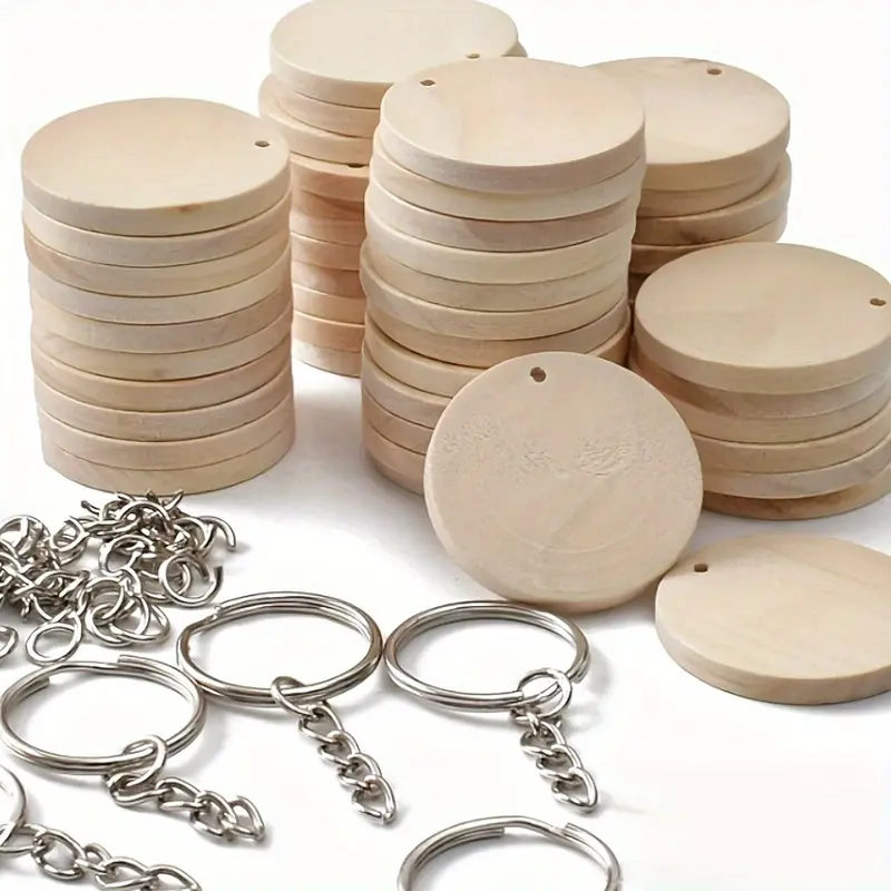 50pcs DIY Wooden Round Pendant Keychain Making Kit - Create Your Own Customizable Keychain Accessories with Key Rings - Perfect for Craft Enthusiasts and Gift Giving 0