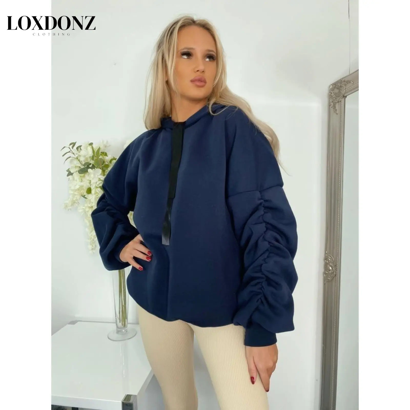 Loxdonz Women's Ruched Sleeve Hoodie - Loose-Fitting Basic Style for Casual Comfort - Love, Tops Womenswear Clothes