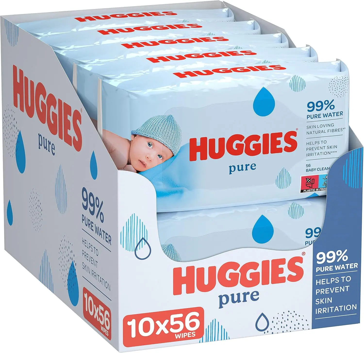 Huggies Pure Baby Wipes - Pack of 10 (10 x 56 Packs, Total 560 Wipes)