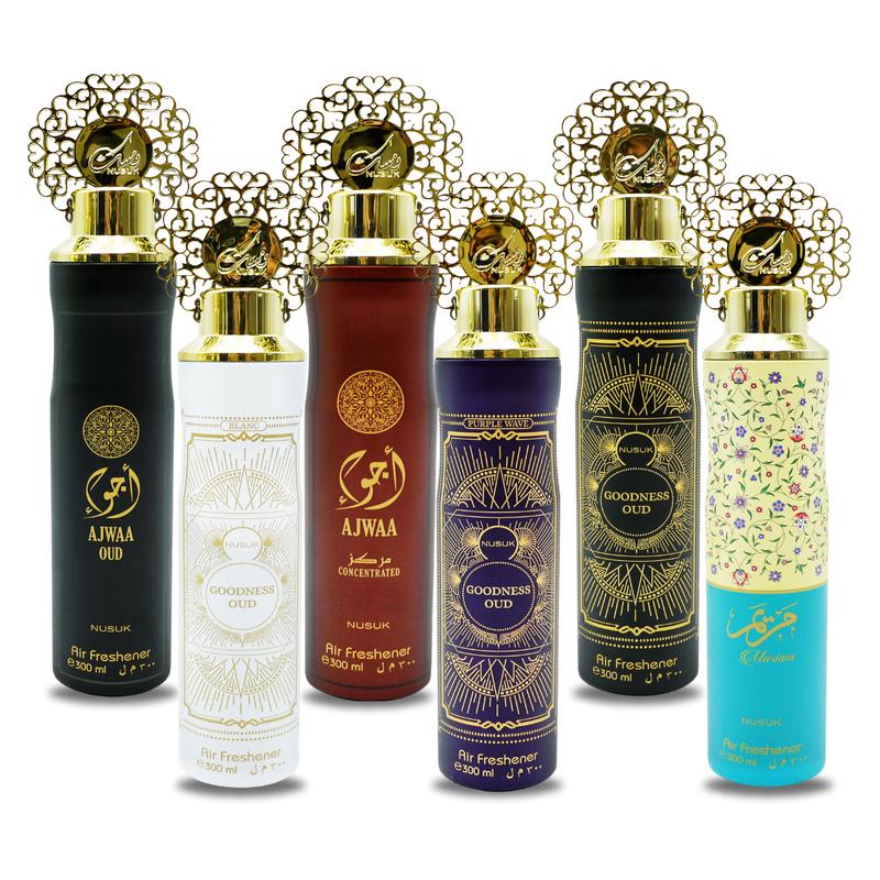 Nusuk Dubai Oud Arabian Perfume Air Freshener Collection - 300ml: Ajwa Black Oud, Red Oud, Goodness Black Blanc & Purple Wave, Mariyam - Woody, Set 2
