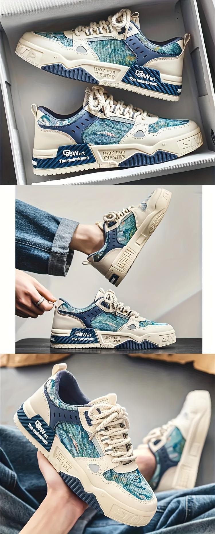Product Introduction of Mens Low-Top PU Casual Skateboard Shoes - Breathable Fabric Lining, Non-Slip PVC Sole, Geometric Pattern, Lace-Up Closure, Round Toe, Preppy Style for Daily, Casual, Jogging, Traveling - All-Season Wear 5