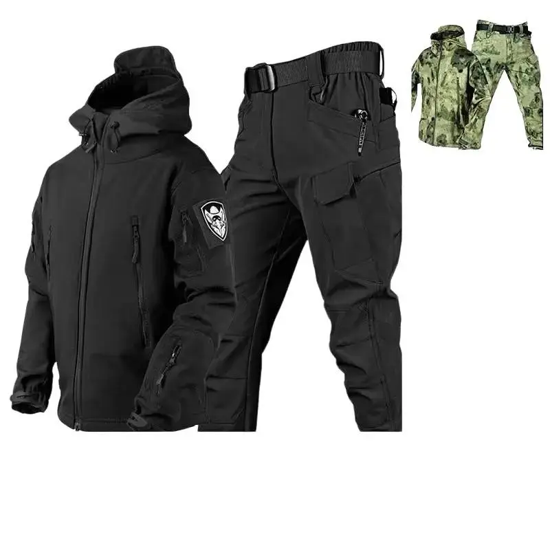 Outdoor Shark Skin Warmth Jackets Pants Set Men Tactical Camo Autumn Winter Thickened Coat Soft Shell Large Size Jacket  Menswear Long Sleeve