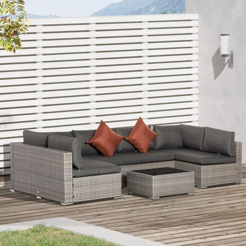 6-Seater Garden Rattan Furniture PE Rattan Sofa Set, Outdoor All Weather Conservatory Furniture, w/ Tempered Glass Coffee Table, Deep Grey 1