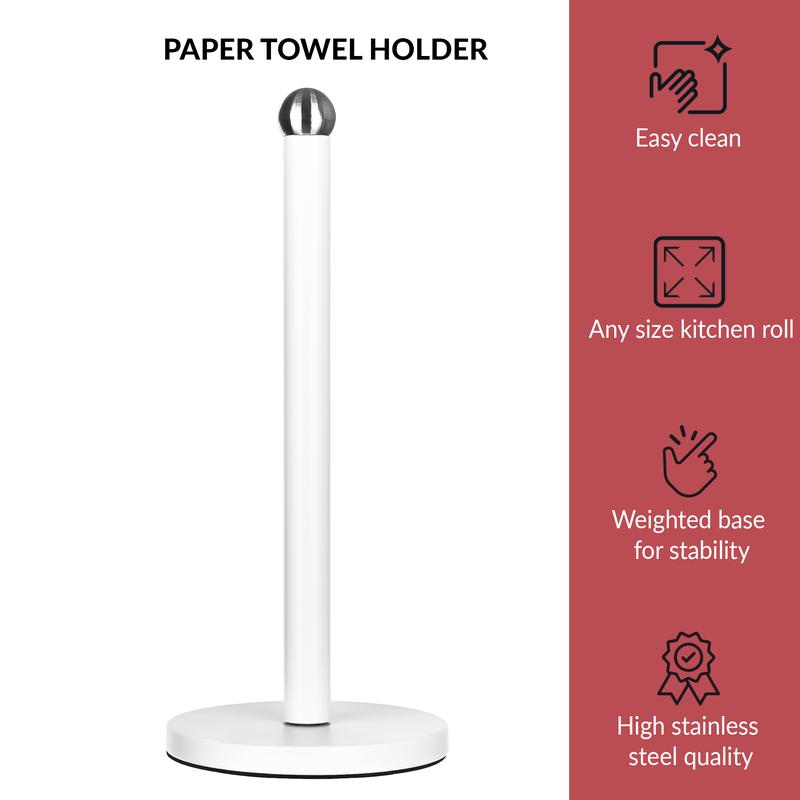 White Kitchen Paper Towel Holder - Free Standing, Stable Base, Stainless Steel - Modern Round Design 3