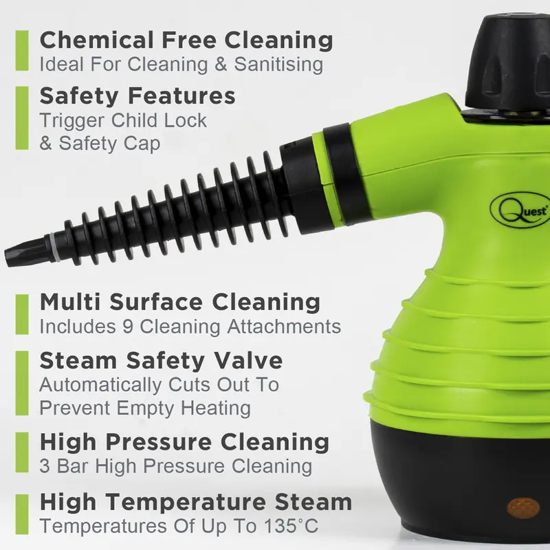 Quest Handheld Steam Cleaner - Fabric and Garment Steamer - Multi Purpose High Pressure Chemical Free Cleaning - Green - Car Cleaning Products - Perfect Father's Day Gift 4