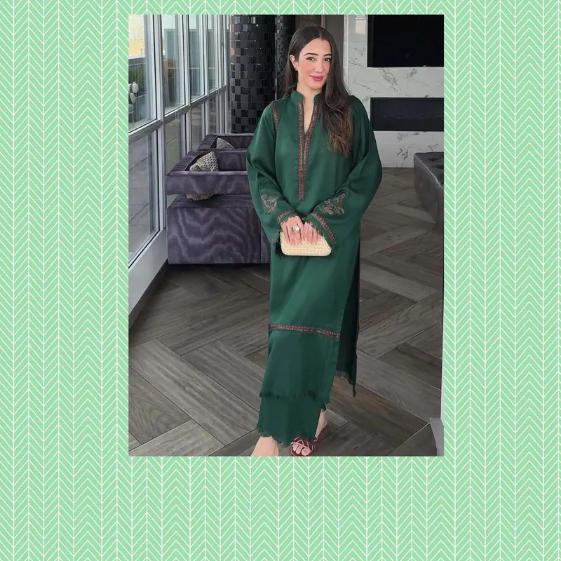 Bottle Green winter linen Shawl style Kurta Trouser set Ready to wear