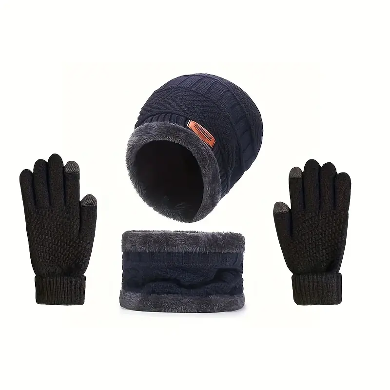 Men's Comfortable Knitted Hat + Scarf + Warm Gloves Three-piece Set - Thickened and Warm Fleece Lining Winter Accessories, Letter Patch Style Warm Hat and Warm Faux Sheepskin Scarf and Winter Men's and Women's Faux Sheepskin Full Finger Gloves 3