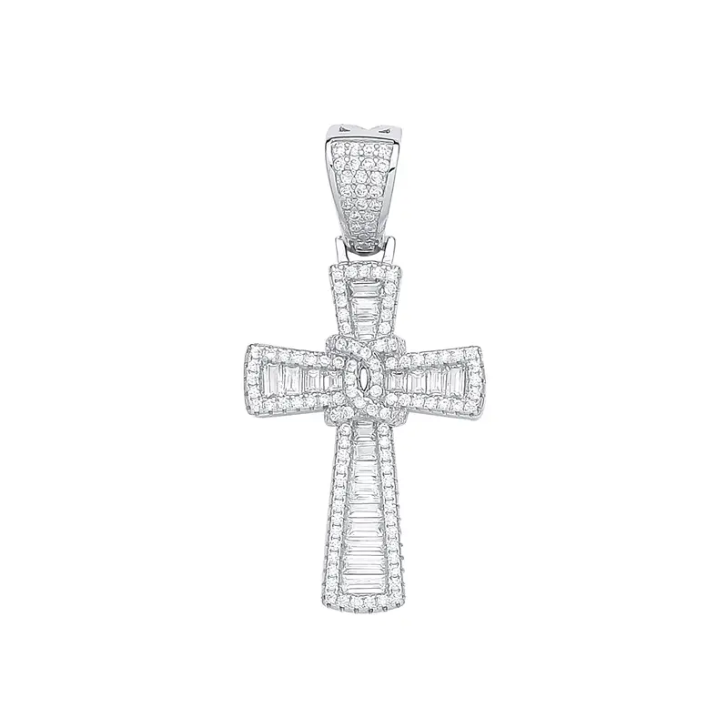 925 Sterling Silver Baguettes & Round CZs Cross with Chain 1