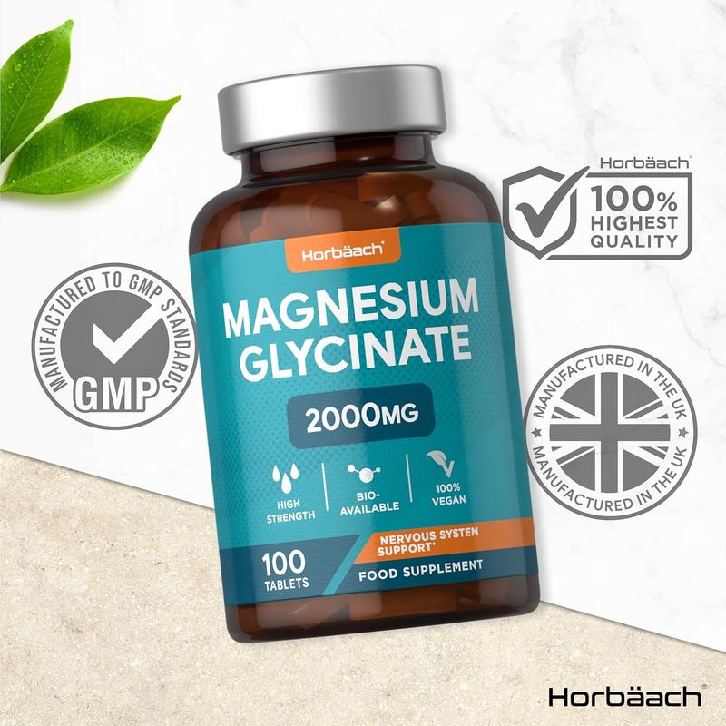 2000mg Magnesium Glycinate Supplement - 100 Vegan Tablets - High Strength - Dietary, Healthcare 2