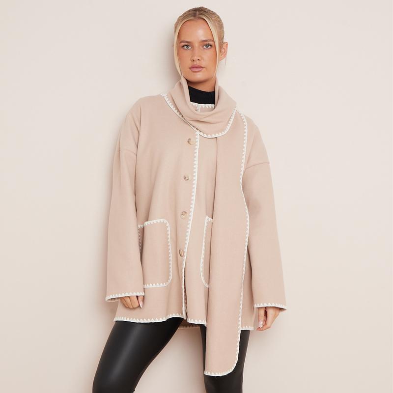 Women's Casual Tori Wool Like Contrast Trim Scollop Stitching Tailored Jacket Scarf Coat One Size UK 8 - 14 3