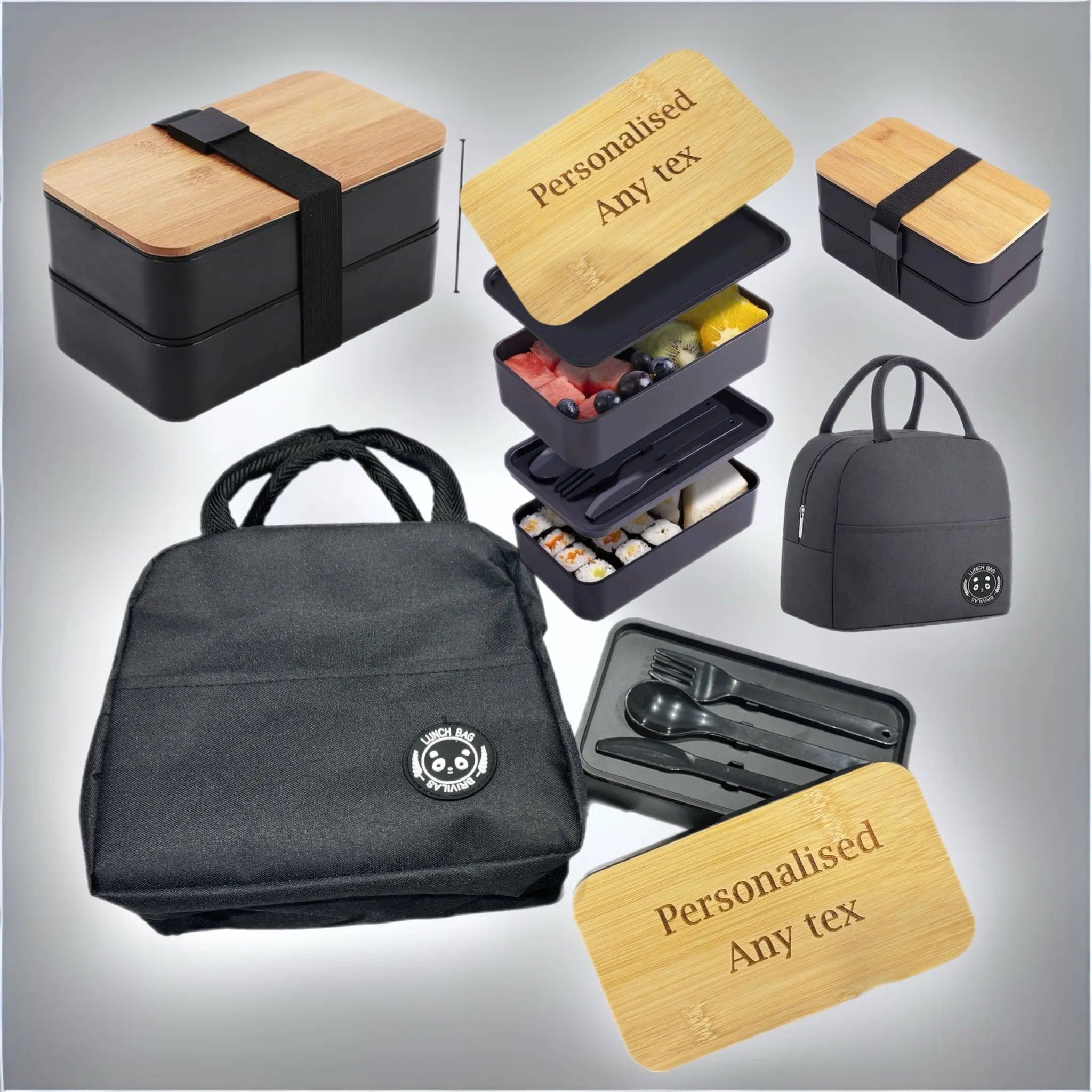 Personalized 2-Layer Lunch Box Container with Engraved Bamboo Lid - Stylish Bento Box Set for Adults with Personalised Lunch Box and Bag