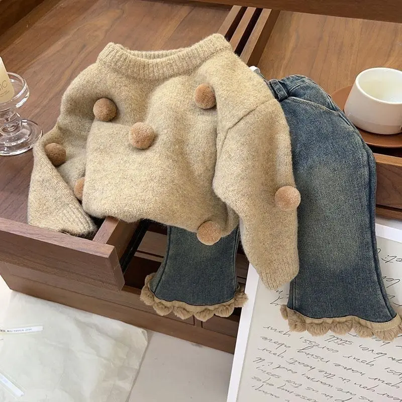 - Baby Clothes Girls Sweater Spring and Autumn new style children's long-sleeved wool top +Jeans Pants 3