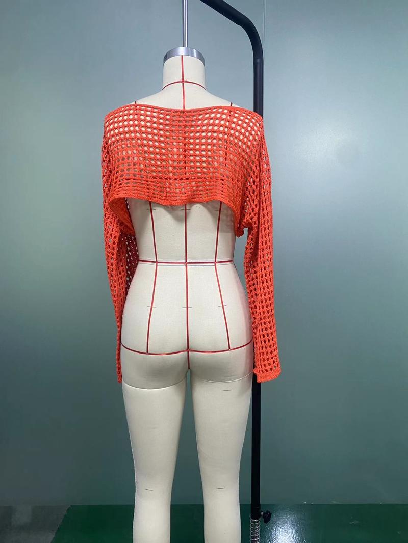Product Introduction of Women Big Fishnet Long Sleeve Cropped Sweaters Summer Fashion Lady O-Neck Flare Sleeve Hollow Out Short Knitted Pullovers Knitwear Womenswear 10