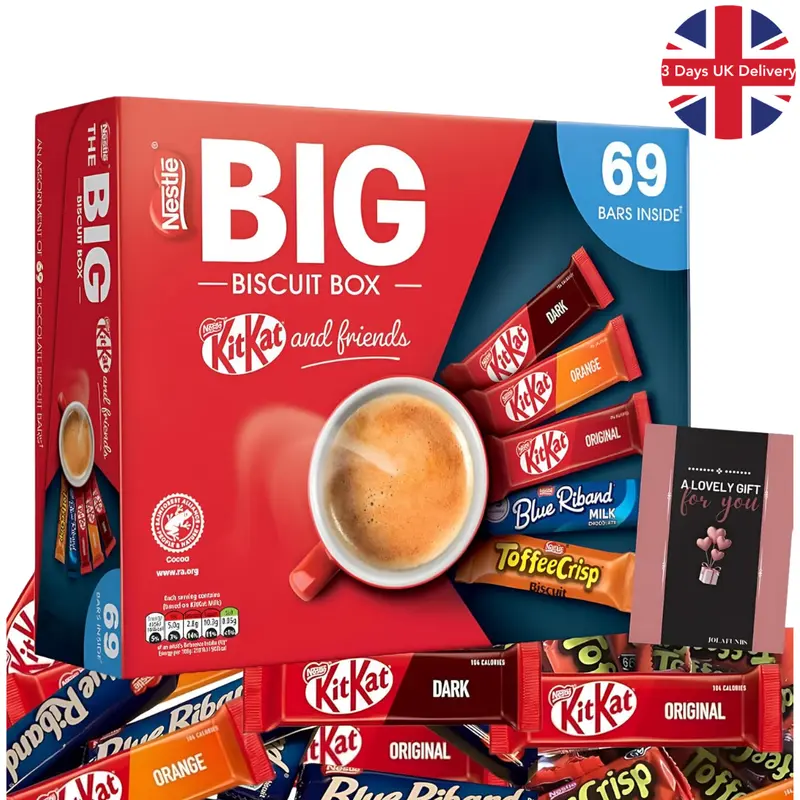 KitKatt and Friends Big Biscuit Box - 69 Assorted Chocolate Bars Including KitKatt, Blue Riband, and Toffee Crisp - Milk, Snack mixed  chocolate| Gift for Easter, Eid ul Adha, Father's Day, Spring, Wife/Husband, Girlfriend/Boyfriend Dessert 0