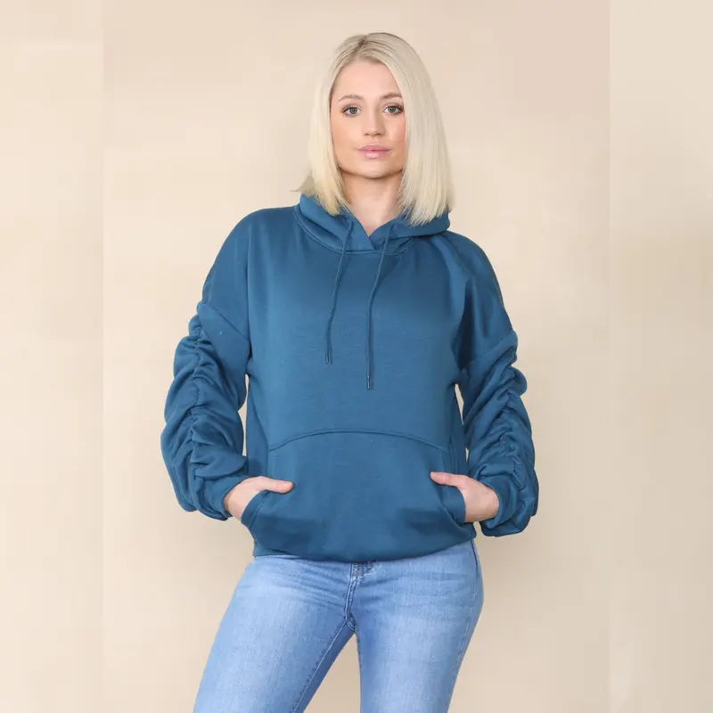 Ruched Sleeve Hooded Sweatshirt - Kora Cotton Long Sleeve Pocket Womenswear Baggy Oversize Style Sweaters Tops Underwear 4