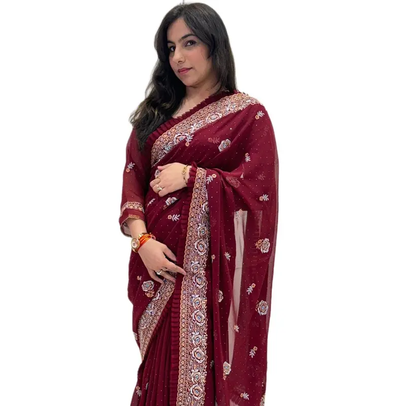 Maroon Traditional Frill Saree and Blouse with Embroidery Work for Women - Clothes, Womenswear