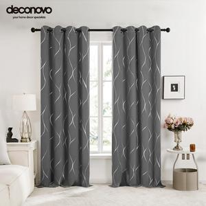 Deconovo Window Treatment Eyelet Room Darkening Curtains, Silver Wave Line Foil Printed Blackout Curtains for Living Room, 2 Panels