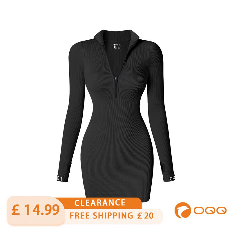 OQQ Women's Dresses Sexy Ribbed Zip Front Longsleeves Long Sleeve Tops Mini Dress Slim-fitting Casual Womenswear Lady 0