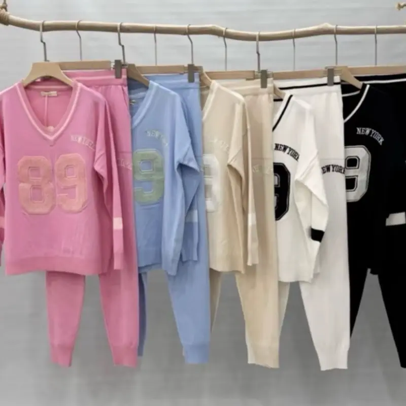 Baseball V-Neck Set Two piece Lounge Set  Comfortable Womenswear
