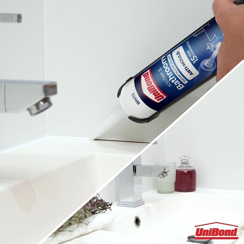 UniBond Anti-Mould White, Waterproof Mould Protection Kitchen & Bathroom Sealant, Long-lasting White Silicone Sealant, Powerful Shower Sealant, 1 x 274g Cartridge flex  seal epoxy  grout flex  seal 1