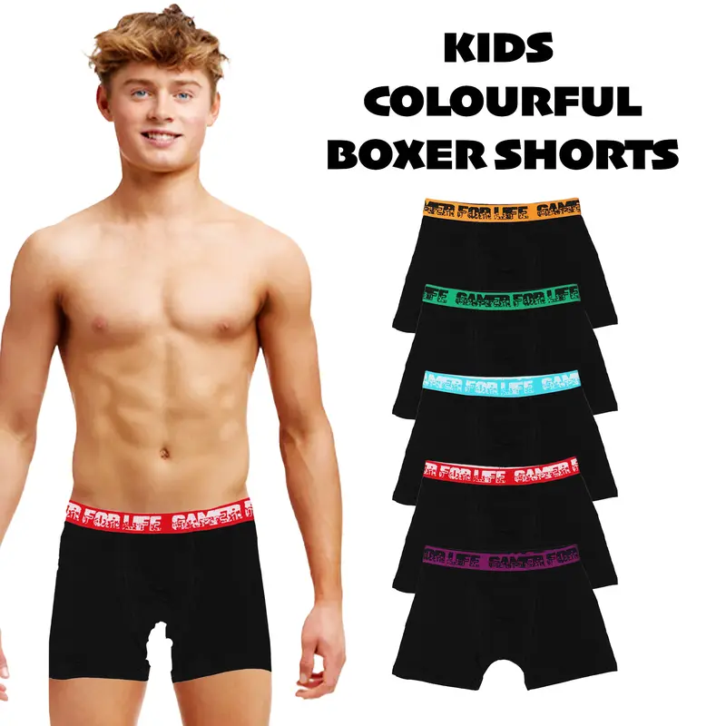 Gamer Kids Boxer Trunks - 5 Pack - "Gamer for Life" Jacquard Waistband - Graffiti Waistband Design Underwear - 95% Cotton, 5% Elastane - Size 5-13 Years 0