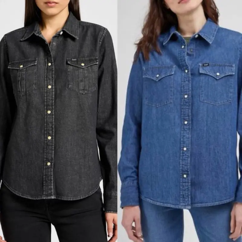 Regular Western Denim Shirt Black or Blue Cotton Classic Jean Top 8 - 16