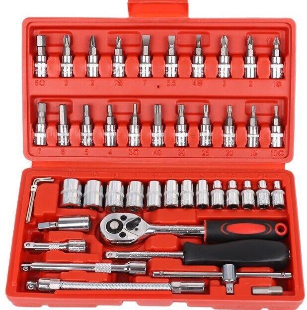 46 PCS 1/4" DR Ratchet Socket Wrench Set Mechanic Tool Kit Extension Bar Repair 0
