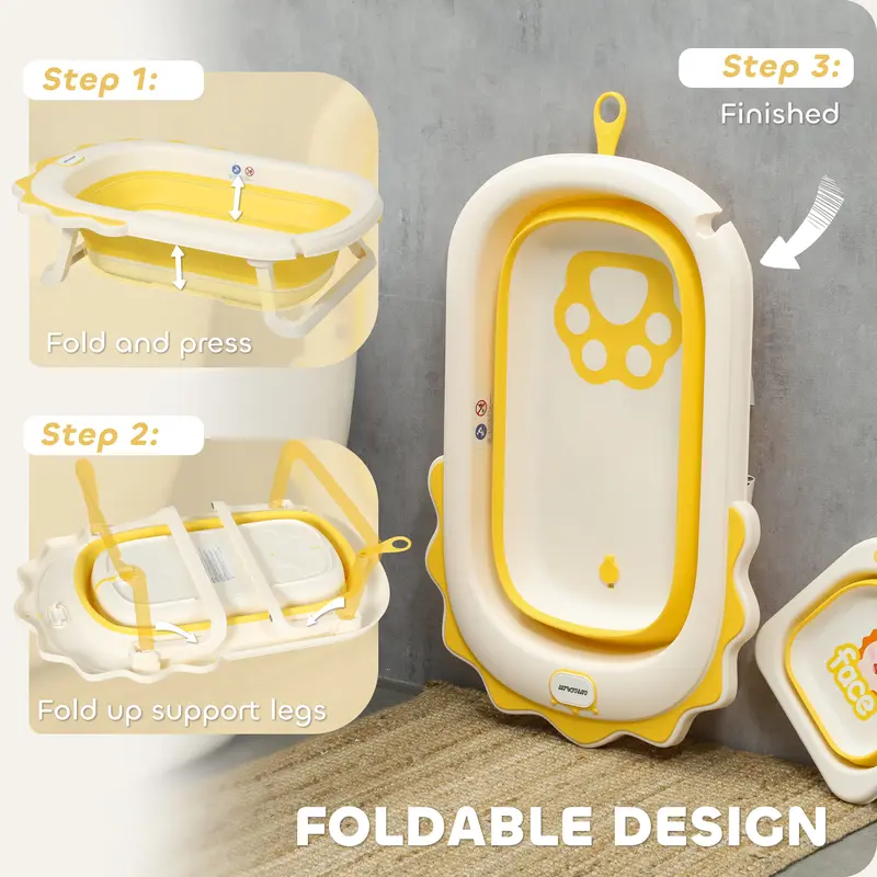 AIYAPLAY Baby Bath Tub Set, Foldable Baby Bath Tub Newborn to Toddler with Support Cushion Pad Seat, Wash Basin, Non-slip Stand & Bottom, Portable Travel Collapsible Baby Bath Set for Infant, Yellow 2