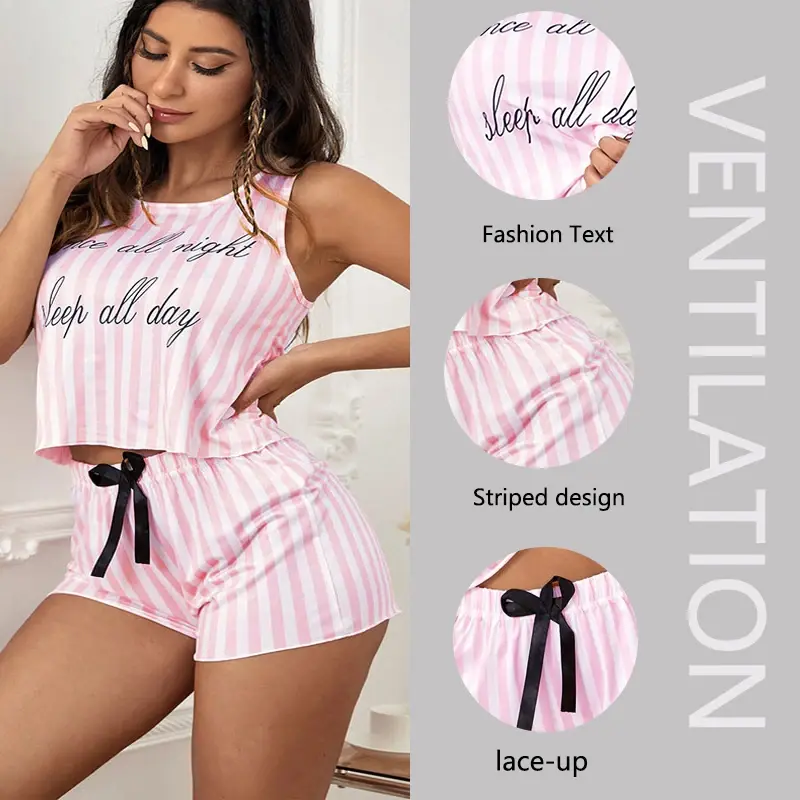 Vouzle 2PCS/Set Women Pyjamas Tie-Dye Printed Vest Shorts Erotic Lingerie Striped with Letters Fashion Sexy Lace Suspenders Homewear Nightwear Comfort 2