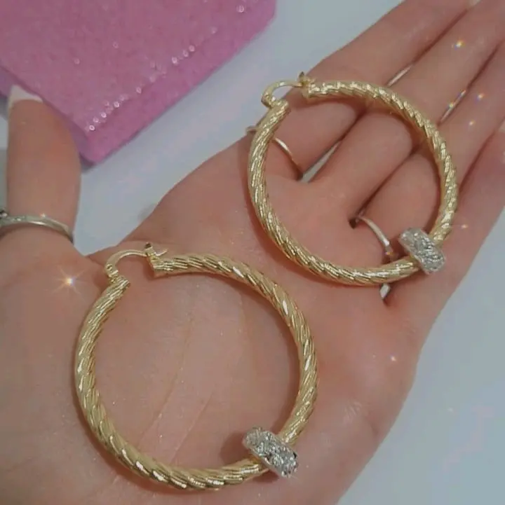 50mm Small Hoops Fine Twist Earrings, Gold Filled With CZ Crystal Balls 1
