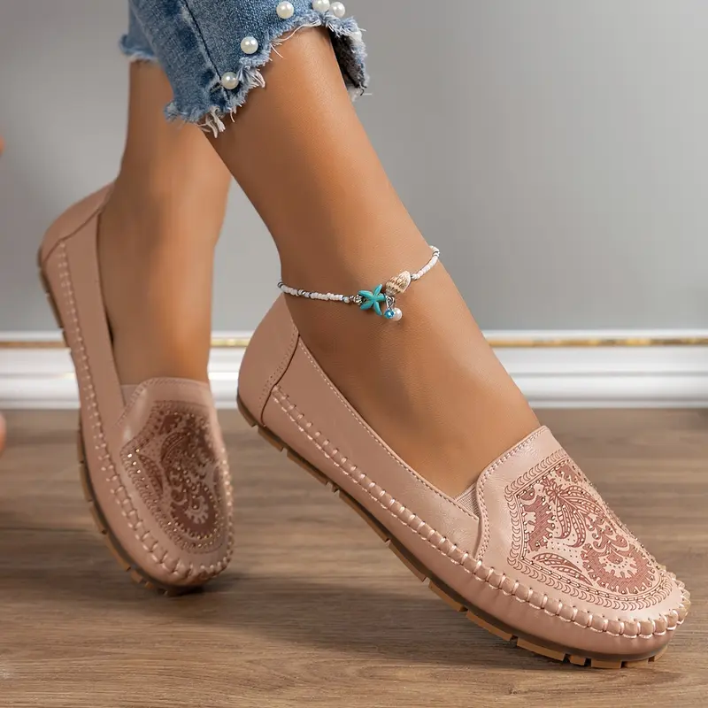 Elegant Plus-Size Women's Slip-On Flats with Rhinestone Floral Embellishments - Breathable PU Cover, Round Toe Design, Comfortable TPR Sole - Versatile All-Season Footwear, Ladies Shoes 3