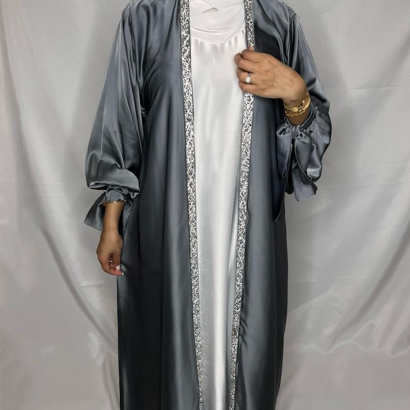 Layan Satin 3 Pcs Abaya Set- Women's Satin Tie Sleeve Abaya With Hijab, 3 Pcs Abaya Set, Abaya for Women, Muslim Clothes, Modest Outfits 3