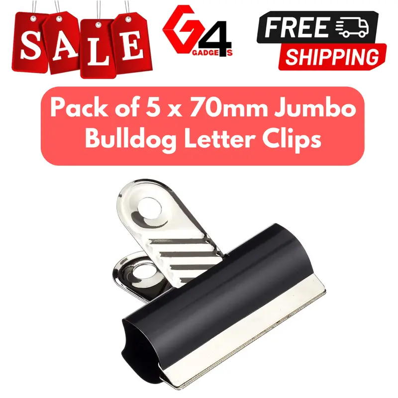Pack of 5 x 70mm Jumbo Bulldog Letter Clips Grip Clips Black 0
