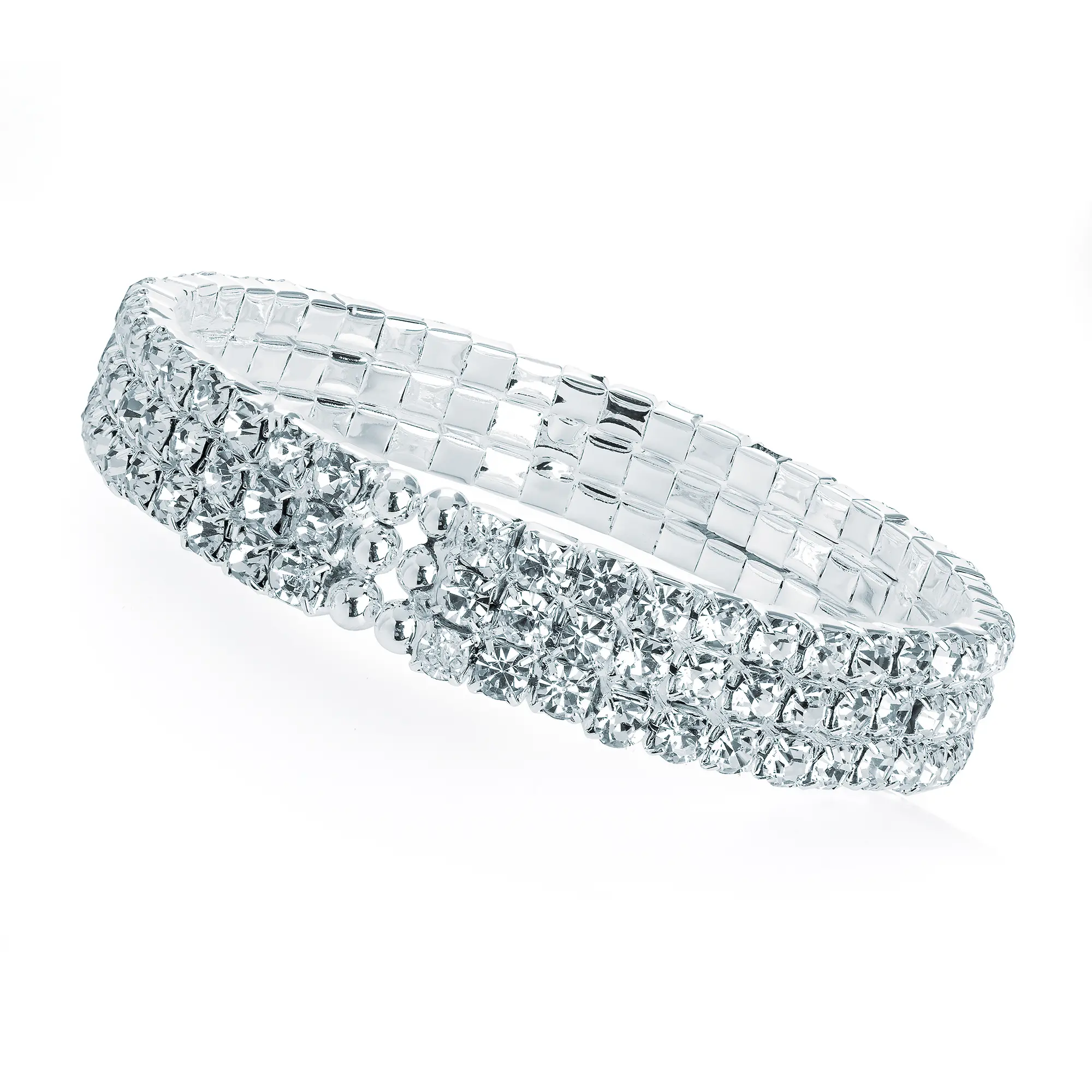 Diamanté Bangle Bracelet (3 Rows of Clear Diamanté Stones) One Size to fit from small to extra large